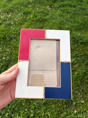 Vintage Nautical Wood Picture Frame Red White Blue Gold Trim Rope Accent 4×6