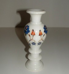 Floral Design Inlay White Marble Type Bud Vase, 8″ Tall, Age Unknown, pre-owned