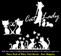 Cat Lady – Cats Butterflies – Cats Heart Love White Vinyl Decals Vehicle Windows