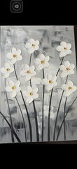 Hand Painted 3D Textured White Floral Canvas Wall Art 23.5″ x 16″ Gray Gold