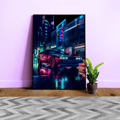 Sleek retrowave car with synthwave neon lights [synthwave/vaporwave] — poster