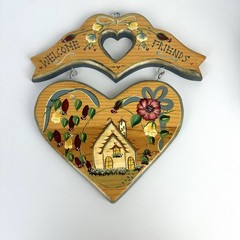 Vtg 90s Hand Paint Wood Welcome Heart Cottagecore Wall Hang Farmhouse Granny