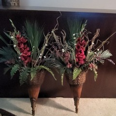 Pair Metal Wall Planters w/ Artificial Fern & Red Flowers, Brown
