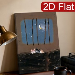 Three Kittens Watching Moon Canvas Wall Art, Cozy Night Home Decor
