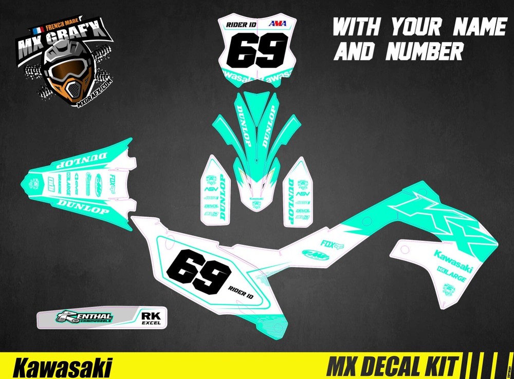 Motorcycle Decal Kit For Kawasaki KXF – White & Aqua