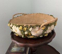 Vintage Handwoven Wicker And Raffia Round Basket With Yellow Flowers