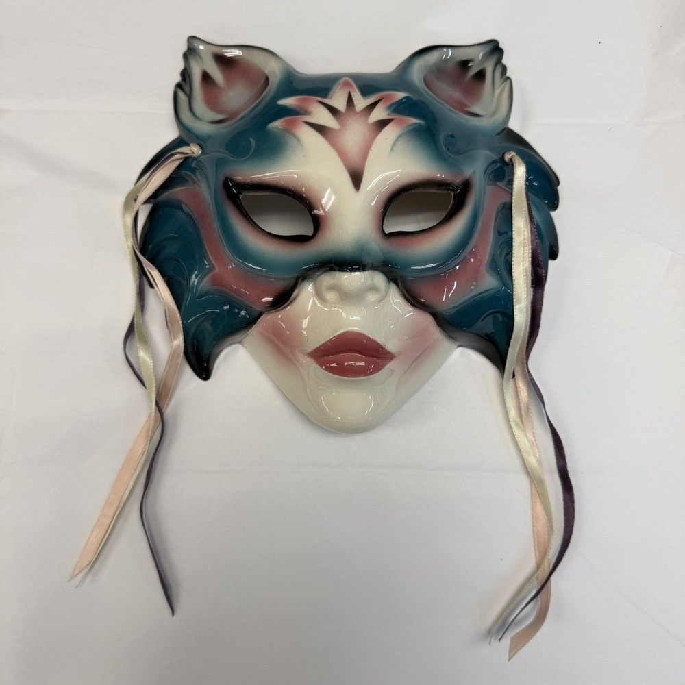 Vintage 1989 Ceramic Cat Lady Mardi Gras Wall Mask | San Francisco Art 80s Décor