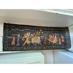 Indian Tapestry Royal Procession Scene Black Hand Painted Folk Art Hindu