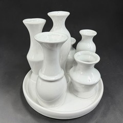White Ceramic Multi Bud Vase Cluster 6 Opening Attached Floral Centerpiece 6in