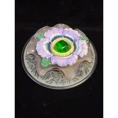 Vintage Decorative Glass Plate Lavender Ruffled Bowl Ceramic Pansy Green Center