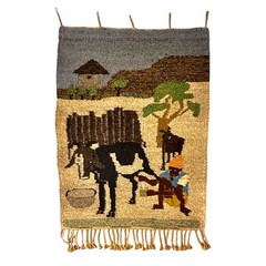 Milking Cow Farm Scene VTG Handwoven Wool Tapestry Wall Hanging 36×24″