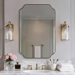 Brushed Brass Scalloped Gold Bathroom Mirror 24×32, Vertical/Horizontal Hang