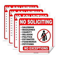 (Set of 4) No Soliciting Sticker Sign 6″ x 6″ – Durable Self Adhesive 4 Mil V…