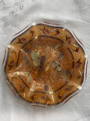 Vtg Embossed Glass Pheasants Ruffled Edge Bowl Candy Trinket Dish Orange Gold 7”