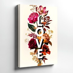 Wall Art Floral LOVE Typography Print Pink Peony Rose Bouquet Botanical Decor