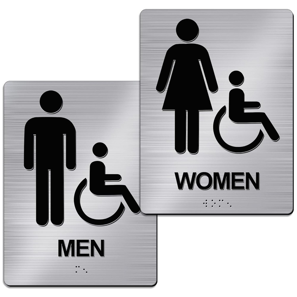 Shimeyao 2 Pcs Men and Women Restroom Sign With Braille 8 x silver black
