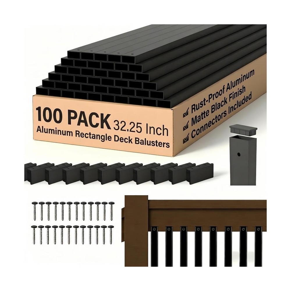 100 Pack 32.25″ Black Aluminum Rectangle Deck Balusters with End Caps&Stainle…