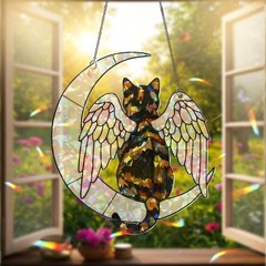 Angel Tortoiseshell Cat on Moon: Hologram Window Hanging,Decor