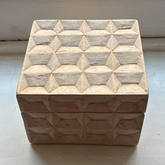 Small Wooden Decorative Box w/ Lid, Square Geometric Carved Pattern