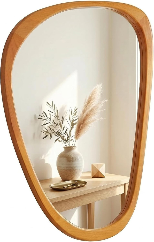 Asymmetrical Solid Wood Mirror – Japandi Boho Natural Accent in Warm Walnut